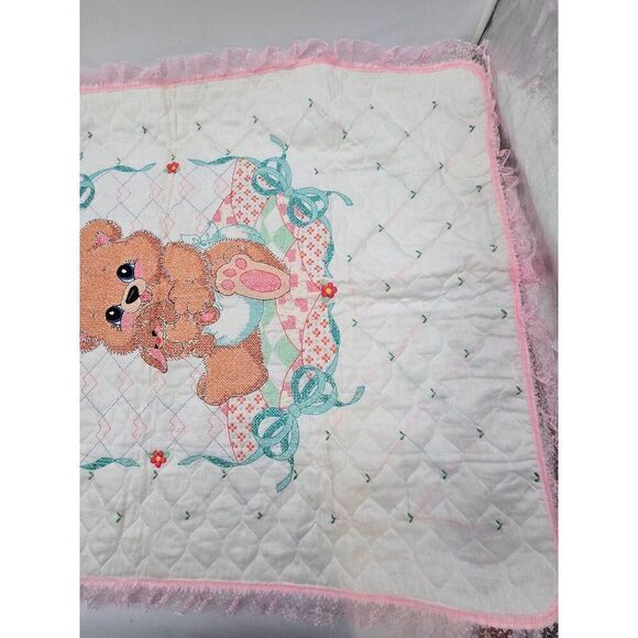 Handmade Embroidered Baby Quilt With Adorable Teddy Bear & Bunny Design - Picture 5 of 11